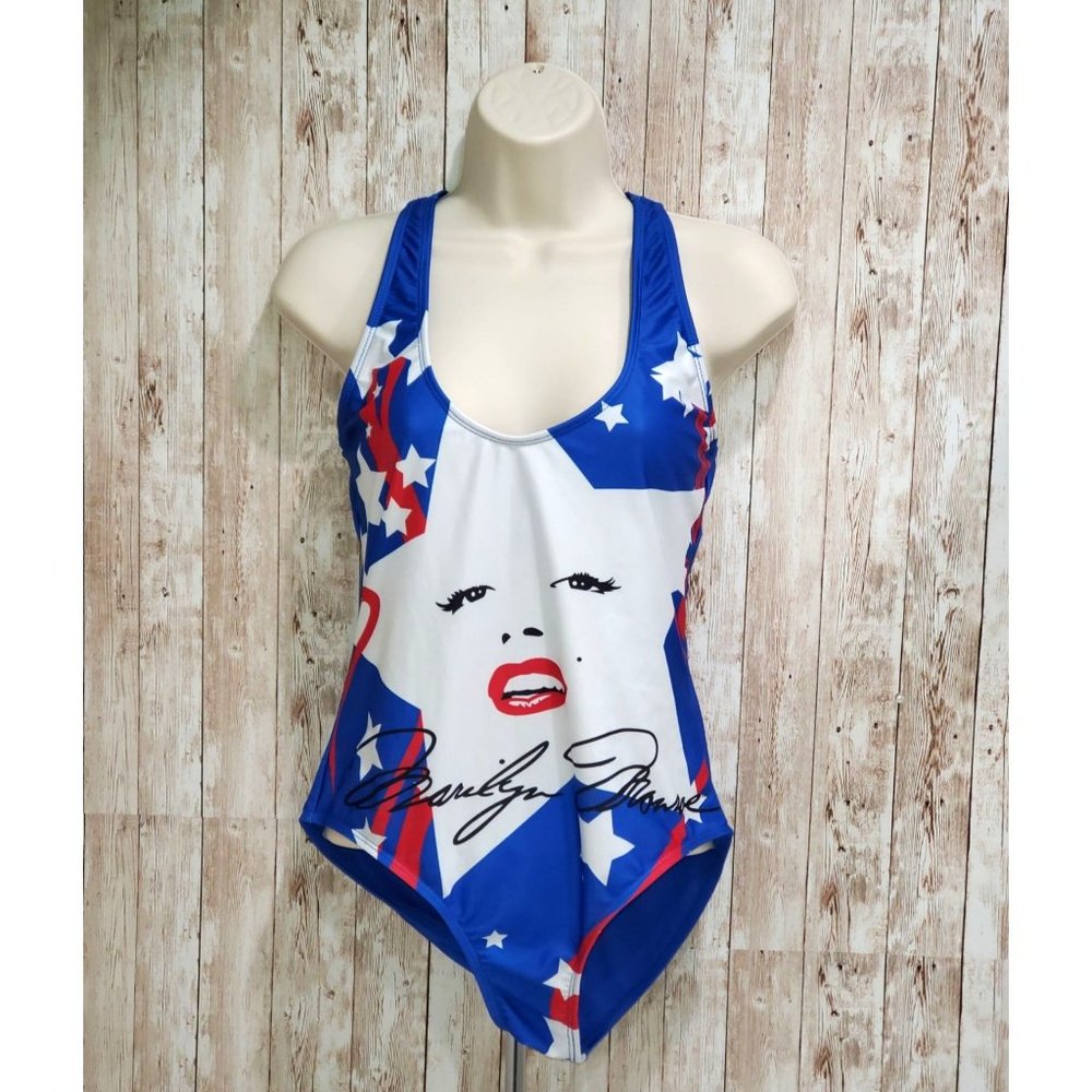Sexy Marilyn Monroe Print One Piece Swimwear Criss Cross Open Back size L 1220